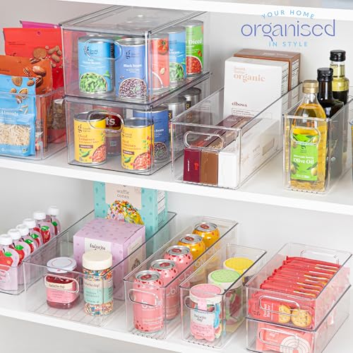 Plastic Food Storage 6 Pack Clear Container Bin with Handles for Organizing Kitchen, Pantry, Refrigerator, Freezer, Pantry, Cabinet, Closet, Bathroom. 16”x6”x5” - view 7