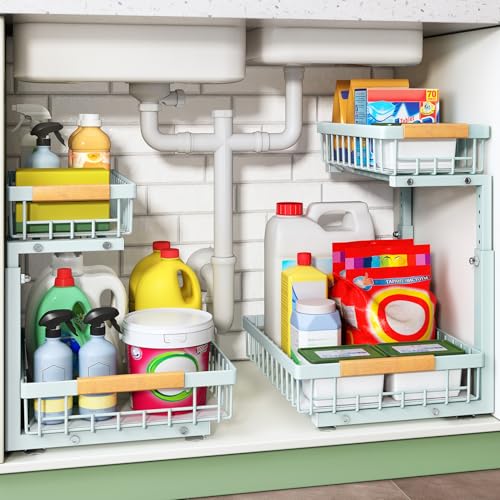 Under Sink Organizer, Thickened L-Shaped 2 Tier Pull Out Cabinet Storage