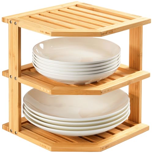 Plate Organizer for Cabinet, Bamboo Corner Shelf, Dish & Bread Organizer, Spice Rack, Kitchen Bathroom Countertop Storage Organization Space Saver