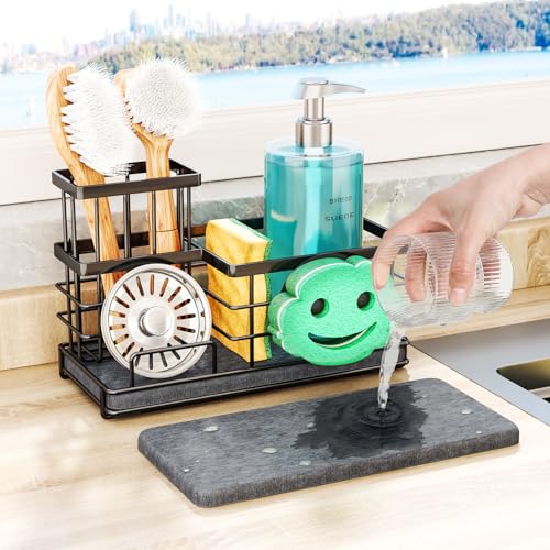 Kitchen Sink Caddy Organizer, Quick Dry Smiley Face Sponge Holder with Instant Drying Stone, Large Rustproof Sink Organizer for Kitchen Countertop Organization, Black
