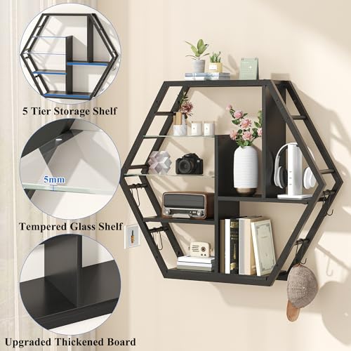 39" Wide LED Gaming Floating Shelves, 5 Tier Wall Mounted Shelves with 2 Removable Glass Shelves, Coffee Bar Rack with 8 Hooks, Display Rack for Wall Storage for Gaming Room, Black - view 5