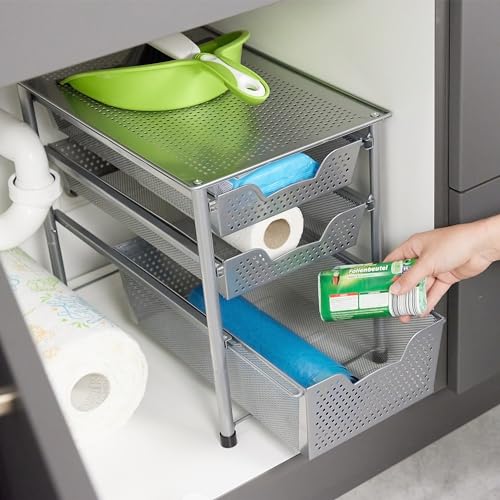 Drawer Shelf, Stackable Office Organiser, 3 Pull-Out Baskets, Metal, Kitchen, Bathroom, HBT: 35 x 28 x 42.5 cm, Black - view 5