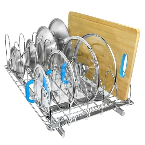 Pull Out Pot and Pan Lid Organizer Inside Cabinet - Lifetime Ltd. Warranty – Cookie Sheet Organizer for Cabinet – Slide Out Baking Sheet Organizer - 14W x 21D, Extra-Large, Chrome