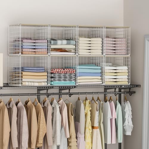 3PCS Stackable Closet Organizers and Storage, Closet Shelves with Wood Top Extra Storage, Clothes Storage Organizer Basket Bin/Cube for Home Wardrobe Organization(White-Sturdy Metal) - view 5