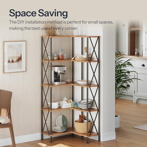 Corner Bookshelf, 5-Tier L-Shaped Bookcase, Industrial Open Display Shelf Tall Storage Organizer, Vertical Storage Rack, for Living Room, Home Office, Rustic Brown and Black BF60SJ01 - view 3