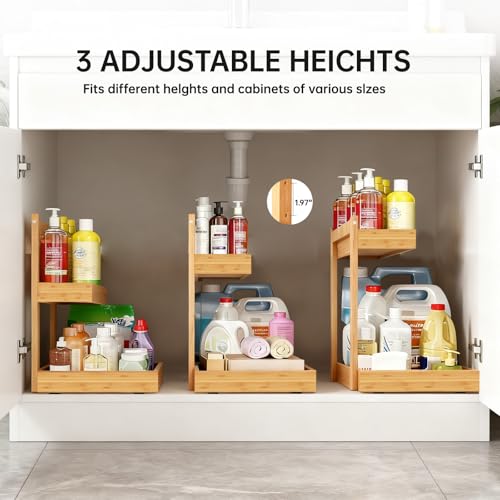 Bamboo Undersink Organizer Storage - 2-Tier Cabinet Shelf with Adjustable Levels, Under Sink Storage Slide Out for Cabinet Pantry Kitchen Bathroom (Natural, 1 Pack) - view 3