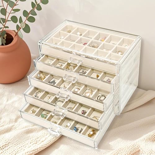 Acrylic Earring Holder Organizer with 5 Drawers Clear Earring Organizer Box with 90 Adjustable Grids Velvet Earring Display Case Jewelry Organizer for Earrings Rings Studs (Beige) - view 5