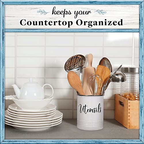 Vintage Farmhouse Utensil Holder - Stylish Countertop Organizer and Kitchen Decor Caddy - Stainless Steel Rim - White - view 4