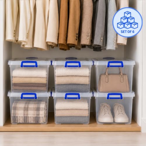 Plastic Organizer Box Set - 6 Pack Stackable Clear Totes with Snap Handles, Latching Lid, Transparent Containers for Home, Garage, Closet, Office Organization - Durable Storage Solution - view 3
