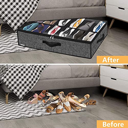 Sturdy Under Bed Shoe Storage Organizer, Set of 2, Fit 12 to 24 Pairs, Underbed Shoes Closet Storage Solution with Clear Window, Breathable, L29.3 x W23.6 x H5.9, Linen-like Black, MXAUBSB2P - view 3
