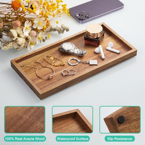 11.7" Bathroom Vanity Tray for Counter - Acacia Wood Decorative Tray for Toilet Tank Makeup Perfume Jewelry Catchall Coffee Table - Wooden Kitchen Countertop Organizer for Soap Dispenser - view 5