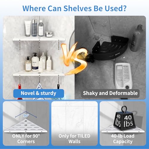2 Pack 10" 304 Stainless Steel Corner Shower Shelf 6 Hooks 40Lb Drill White - view 6