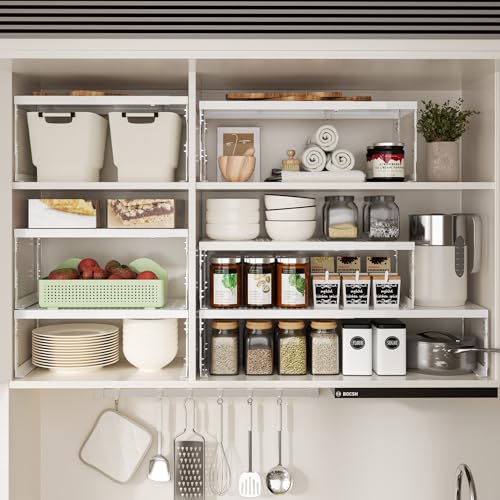 Adjustable Stackable Metal Storage Shelf Organizer - Expandable Wire Rack with Perforations for Kitchen, Pantry, Bathroom, Cabinet & Office-Compact, Durable & Sturdy (2PACKS/Large/White) - view 6