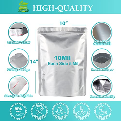 50pcs 1 Gallon Mylar Bags for Food Storage, 10 Mil 10"x14" Stand-Up Zipper Pouches Resealable and Heat Sealable Bags for Long Term Food Storage(10"x14", Extra Thick) - view 2