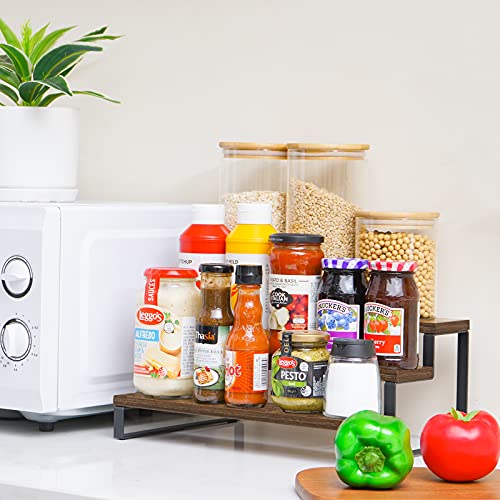 3-Tier Spice Rack, 13.8 Inch Wood Step Shelf Countertop Spice Storage Holder, Kitchen Pantry Cabinet Organizer Cupboard for Spice Bottles, Jars, Seasonings, Baking Supplies, Metal Frame - view 2