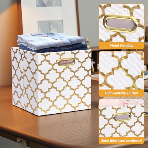 11x11x11 Storage Cube Bins, Collapsible Storage Bins Fabric Storage Cubes Organizer Baskets Box Drawers for Shelves, Closet, Wardrobe, Bookshelf, Cabinet, Cream/Gold Lantern, 4 Pack - view 4
