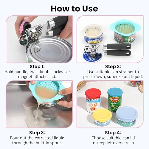 4 PCS Silicone Can Lids + Magnetic Can Opener + 2 PCS Can Strainers, Fit for 3.0''|3.2''|3.5''|4.0'' Cans, Holiday Kitchen Gadgets, Valuable 7 PCs Canned Essentials Bundle - view 6