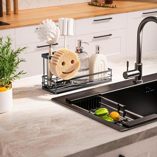 Sink Caddy Organizer with Water Absorbing Stone Tray, Instant Dry Sponge Holder Smiley Face, Dish Brush Holder for Countertop, Kitchen Storage Accessories and Organization Essentials (Black) - view 6
