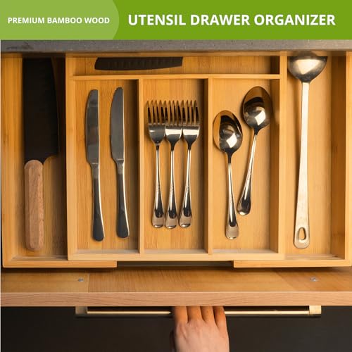 Premium Bamboo Kitchen Drawer Organizer, Perfect for Storing Cutlery, Silverware, and Gadgets, Suitable for Kitchens, Living Rooms, and Bedrooms, 5-7 Compartments, 13 to 19.6 Inches Wide - view 6