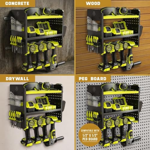 Power Tool Organizer Wall Mount – 3-Tier Heavy-Duty Steel Rack, 4 Drill Slots, Pegboard + Utility Side, 100 lb Capacity – Garage, Workshop & Shed Storage (Green) - view 5
