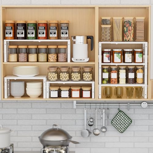 Expandable Spice Rack Kitchen Cabinet Shelf Organizer, Stackable Storage Shelves Racks, Adjustable Counter Shelving for Cabinets, Countertop, Cupboard,Pantry and More(1Pack/White/Medium) - view 3