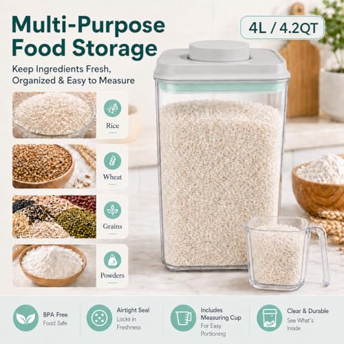 POP Airtight Flour-Rice Food-Storage Container - 4L/4.2Qt Jar with Lid and 3.3Oz Scoop | BPA-Free | Can Hold 5lb of Flour or 5lb of Rice | Stackable and Durable - view 2