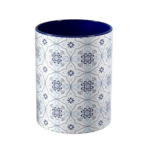 Ceramic Kitchen Utensil Holder for Countertop, Embossed Pattern Crock with Kiln-Fired Finish, Counter Organizer for Cooking Tools,Navy Blue