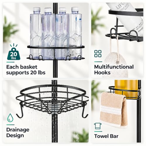 Shower Corner Caddy Organizer, Rustproof 4-Tier Tension Pole Shelf, Black - view 5