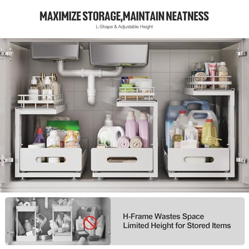 Under Sink Organizer Upgrade To Professional Rails,2-Tier Dual Pull Out Cabinet Storage,Height Adjustable Slide Out Drawers For Bathroom Kitchen,2 Pack-14.5" Dx12.8-16.9" H,White - view 6