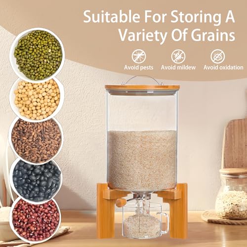 Rice Dispenser, Rice Storage Container, Flour and Cereal Container for Kitchen Organization and Pantry Store, Glass Cereal dispenser with Airtight Lid and Wooden Stand 5L - view 5