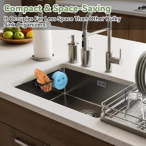 [Space Saving] Sponge Holder for Kitchen Sink, Great for Scrub Daddy/Scrub Mommy Sponges, Rust-proof Sink Sponge Caddy Organizer for Dish Brush, Scrubber - with Suction Cups & Hooks, Black - view 3