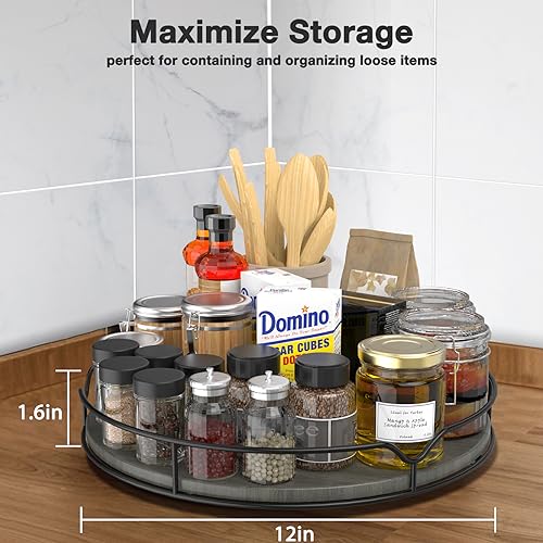 Lazy Susan Turntable Organizer with Anti-Slip Mat for Cabinet Pantry Kitchen Countertop Refrigerator Office, Pine Wood, 12", Grey… - view 4