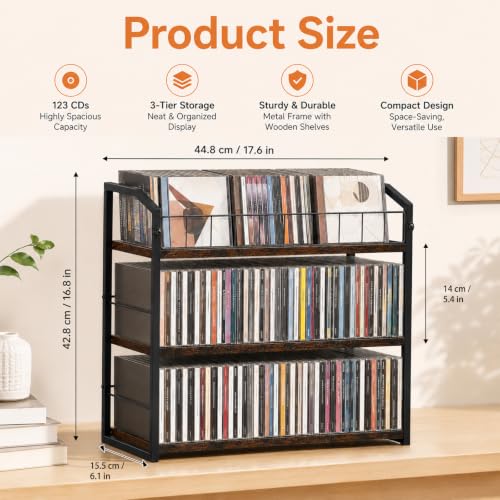 3-Tier CD Storage Rack, CD Holder Tower Holds 123 CDs with Display Top Shelf, Metal and Wood CD Organizer Stand for Standard Jewel Cases, Compact Desktop CD Shelf for Home Office - view 3