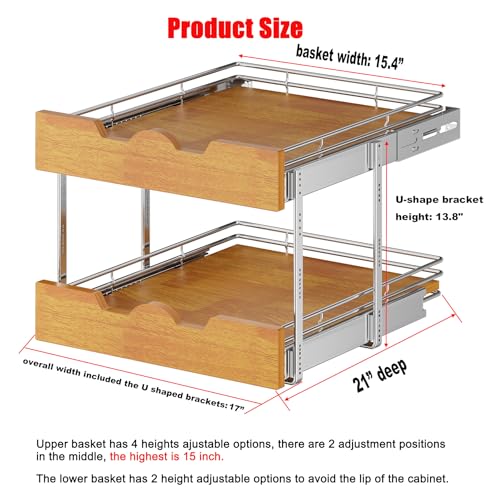 2 Tier Pull Out Cabinet Organizer (17" W x 21" D) Slide Out Wood Shelf Double Tier Kitchen Wire Basket With Chrome Finish… - view 4