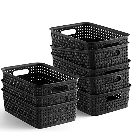 [8 Pack] Plastic Storage Baskets, Small Pantry Organization and Storage Bins, Household Organizers for Laundry Room, Bathrooms, Kitchens, Cabinets, Countertops, Under Sink or Shelves, Black