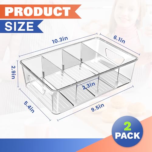 Stackable 4-Compartment Pantry Organizers and Storage, Clear Plastic Storage Bins with Removable Dividers Suitable for Pantry, Office, Kitchen, Cabinet & Fridge Organization, 2-Pack - view 2