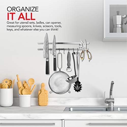 (16 Inch Stainless Steel Metal Magnetic Knife Holder, Wall Mount Double Bar with 8 Hooks - Multipurpose Knife Magnetic Strip, Utensil Hanger, and Kitchen Storage Rack Magnet - view 6