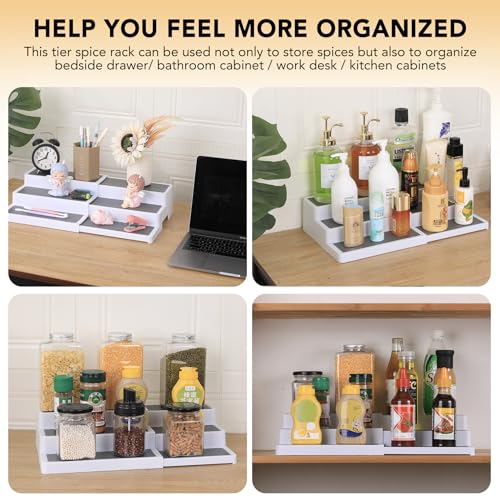 3-Tier Expandable Spice Rack, Plastic Spice Rack Organizer for Cabinet, Adjustable Length, Non-Skid Spice Shelf Organizer for Kitchen Cabinet, Countertop or Pantry, 2 Pack, White/Grey - view 7
