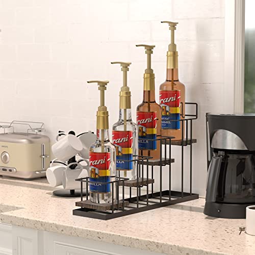 Coffee Syrup Organizer Rack, Rustic Wood and Metal Wire, 4-Tier Display Holder Coffee Station Bar Accessory for Syrup, Wine, Dressing Bottle Countertop Display Storage Stand for Kitchen - MK816A - view 2