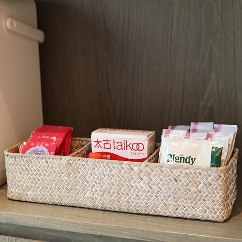 Seagrass Storage Basket 3 Sections Woven Shelf Baskets with Compartment (Whitewash, 14.6inch x 4.7inch x 3.1inch) - view 6