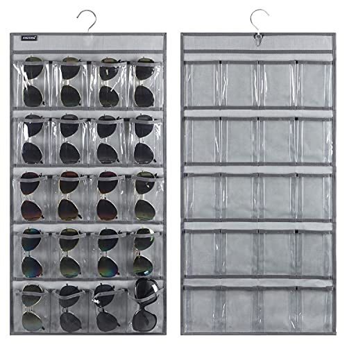 Dual Sided Hanging Sunglasses Organizer Storage Wall Mounted Eyeglasses Holder Eyewear Display Case with 40 Clear Slots (40 Pockets-Grey)