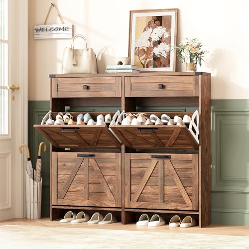 Shoe Cabinet with 4 Flip Drawers & 2 Drawers,Farmhouse Shoe Storage Cabinet for Entryway,Slim Freestanding Organizer Rack for Front Door Entrance,Dark Walnut
