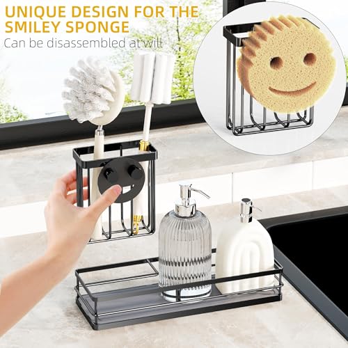 Sink Caddy Organizer with Water Absorbing Stone Tray, Instant Dry Sponge Holder Smiley Face, Dish Brush Holder for Countertop, Kitchen Storage Accessories and Organization Essentials (Black) - view 4