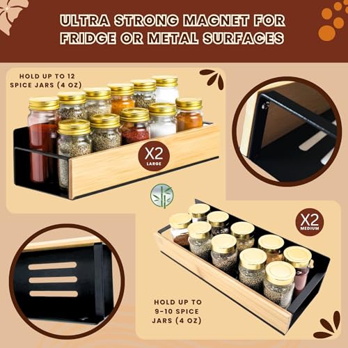 (4 Pack) Magnetic Spice Storage Rack Organizer for Refrigerator and Oven, Real Bamboo, 4 Strong Magnetic Shelf, Black Fridge Storage, Spice Rack Organizer, high quality metal - view 6