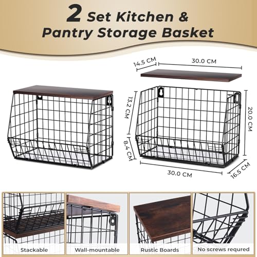 2pcs Fruit Basket Kitchen Storage Basket with Wood Lid - view 2