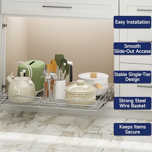 Pull Out Cabinet Organizer, 30" W x 21.5" D, Heavy Duty Chrome Slide Out Shelf for Wide Base Cabinets, Sliding Wire Basket Drawer for Pots, Pans, Appliances & Pantry Storage - view 4