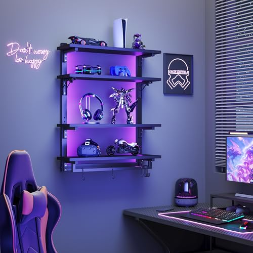 24" Foldable Gaming Floating Shelves with LED Lights, 4 Tier Display Rack with Adjustable Shelf, Wall Mounted Shelf with Hanging Rod and 8 S-Hooks for Gaming Room, Black - view 3