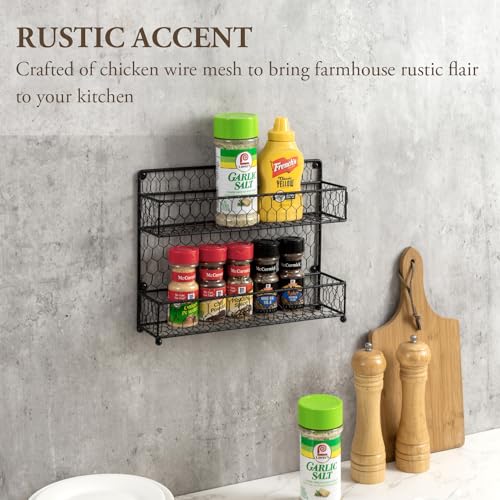Spice Rack Wall Mount, Counter 2 Tier Spice Rack, over the Stove Seasoning Jar Storage Organizer, Black Metal Wire, Kitchen Farmhouse Style - view 2