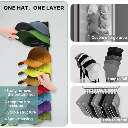 2Pack Upgraded Contour Fit Lock Hat Organizer for Baseball Cap,Hat Rack Strong Adhesive Hat Hangers for Wall Hold Up to 20 Hats,Multi-layer Hat Storage Display for Closet,Door Bedroom-Black - view 3