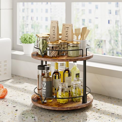 12" Wood Lazy Susan, 2 Tier-Rotating Spice Rack, Rustic Brown - view 6